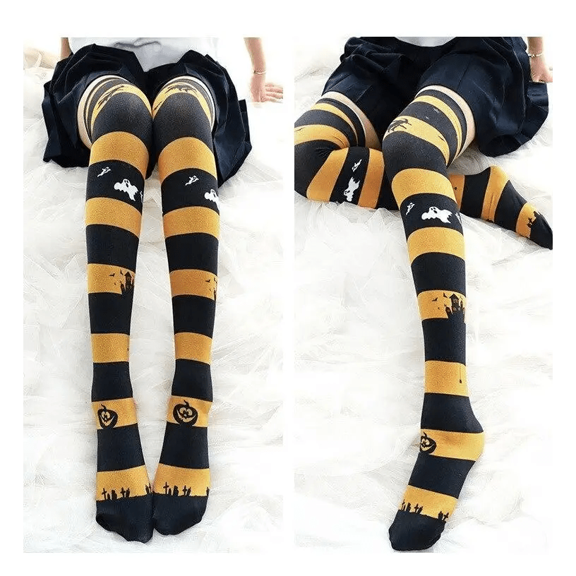 Gothic Halloween Stockings with Spooky Black and Orange Print - Cosparty