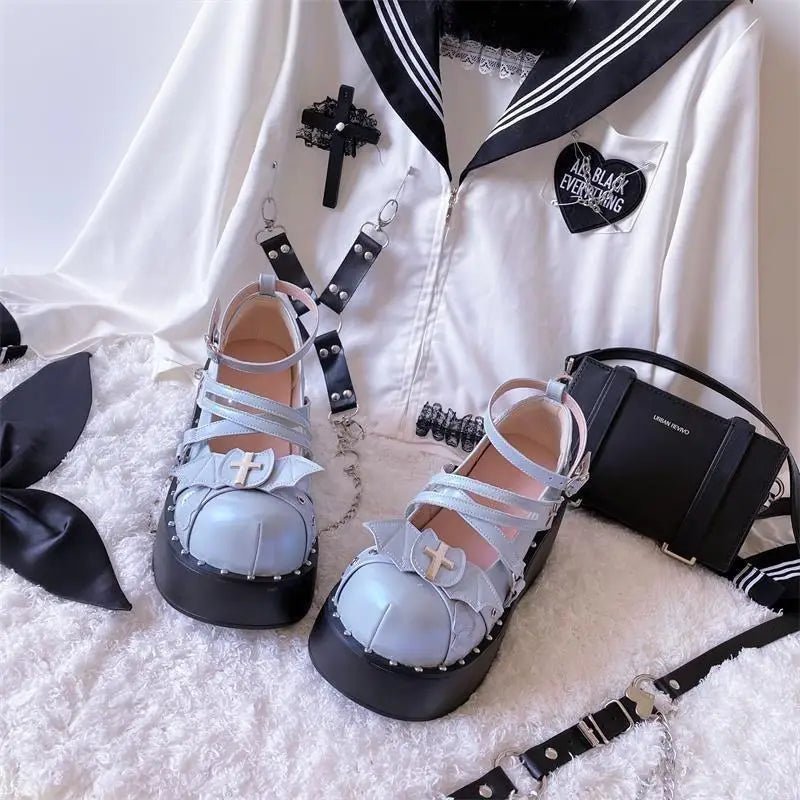 Gothic Lolita Bat Wing Platform Wedge Shoes with Strappy Buckles - Cosparty
