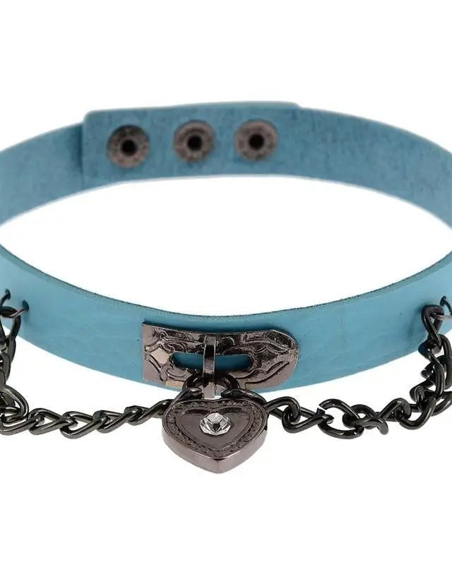 Gothic Victorian Vegan Leather Choker with Heart Locket and Chains - Cosparty