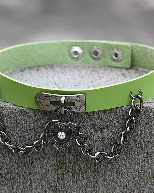 Green Victorian Goth Locket Collar Choker Necklace Vegan Leather Adjustable Lock & Key