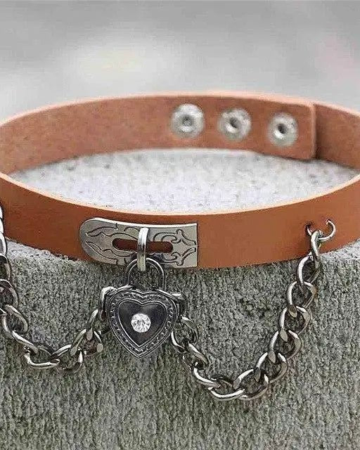 Gothic Victorian Vegan Leather Choker with Heart Locket and Chains - Cosparty