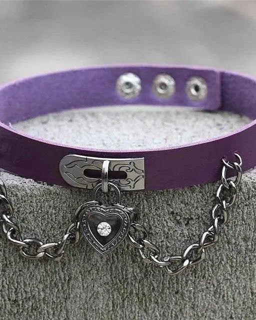 Purple Victorian Goth Locket Collar Choker Necklace Vegan Leather Adjustable Lock & Key