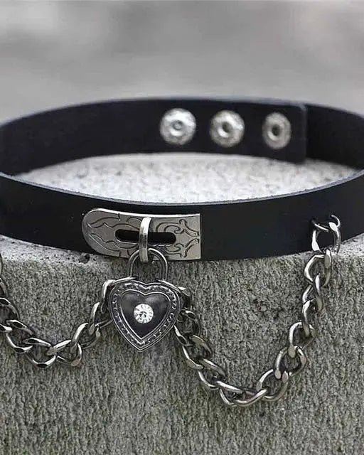 Gothic Victorian Vegan Leather Choker with Heart Locket and Chains - Cosparty