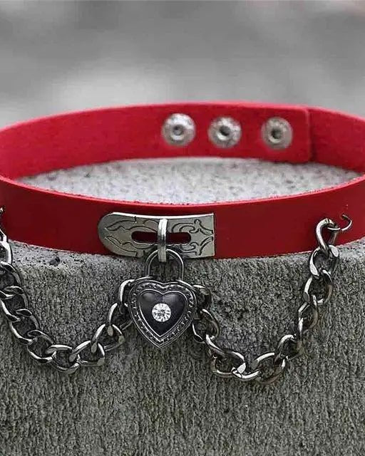 Gothic Victorian Vegan Leather Choker with Heart Locket and Chains - Cosparty