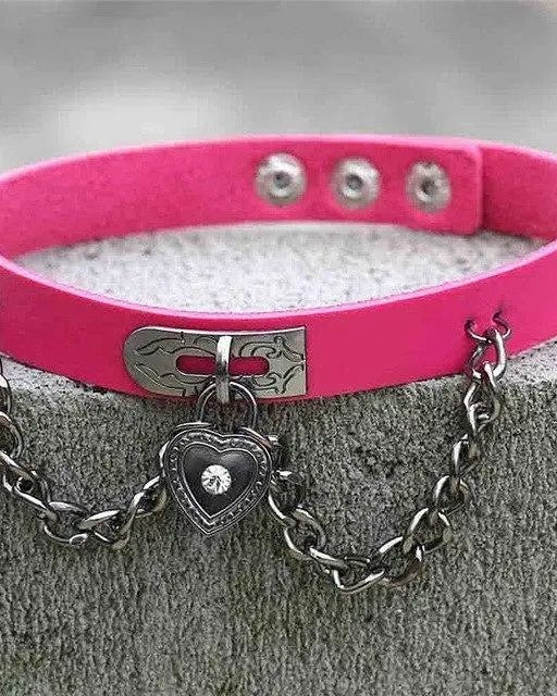 Gothic Victorian Vegan Leather Choker with Heart Locket and Chains - Cosparty