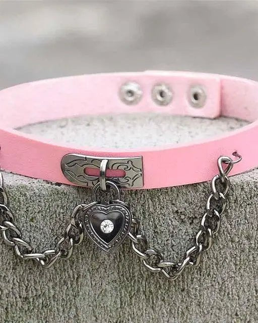Gothic Victorian Vegan Leather Choker with Heart Locket and Chains - Cosparty