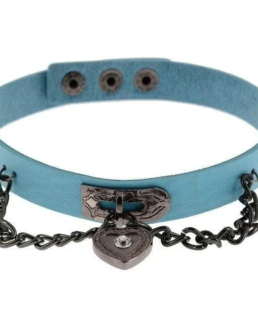 Gothic Victorian Vegan Leather Choker with Heart Locket and Chains - Cosparty