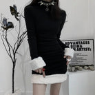 Gothic Winter Dress with White Fur Cuffs and Hemline - Cosparty