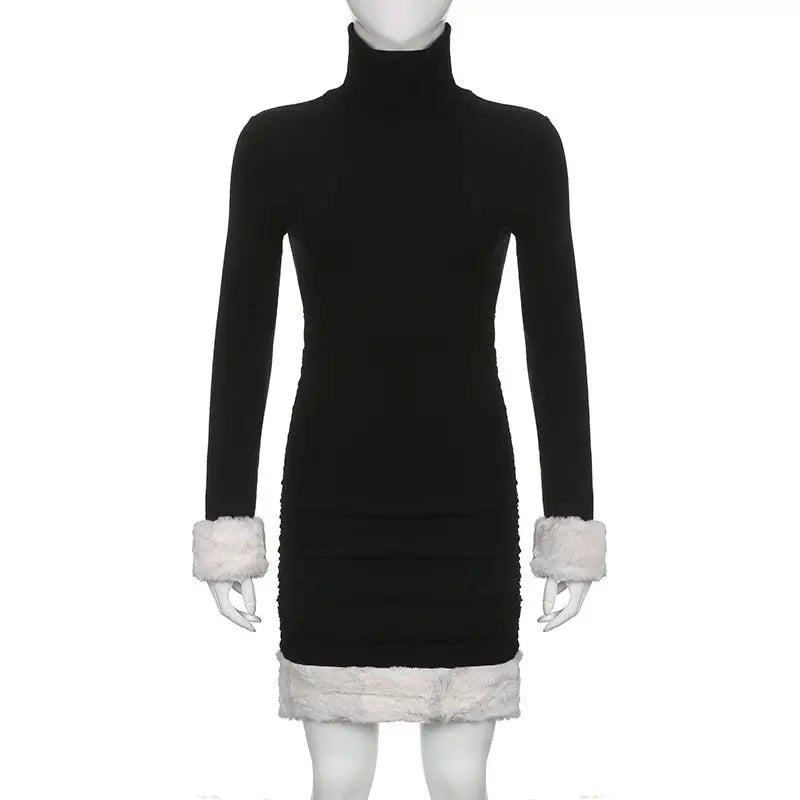 Gothic Winter Dress with White Fur Cuffs and Hemline - Cosparty