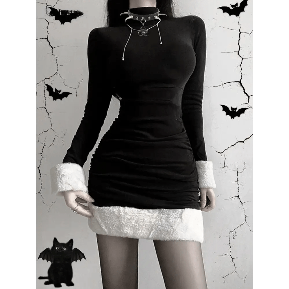 Gothic Winter Dress with White Fur Cuffs and Hemline - Cosparty