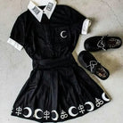 Gothic Witch Craft Pleated Skirt with Pentagram and Moon Design - Cosparty