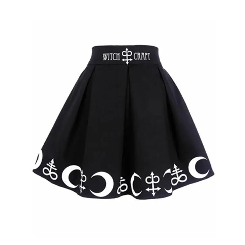 Gothic Witch Craft Pleated Skirt with Pentagram and Moon Design - Cosparty