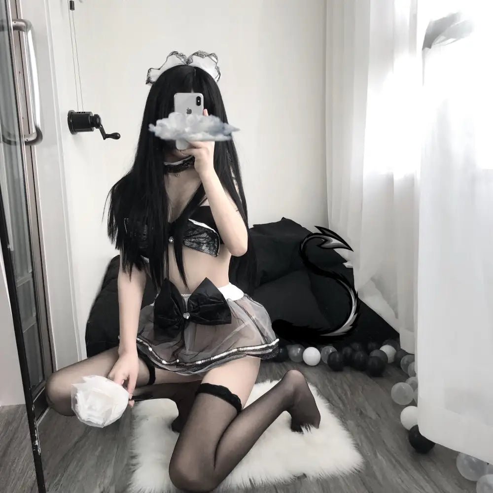 Grey and White Bowknot Lingerie Set for Comfortable Fit - Cosparty