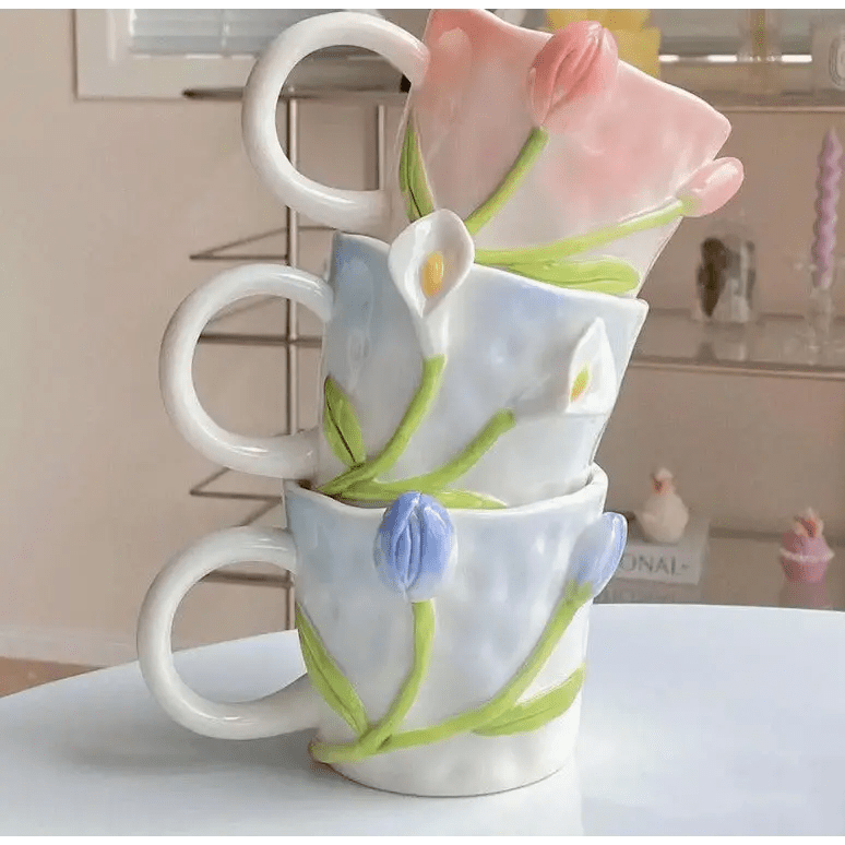 Hand Painted 3D Ceramic Floral Mug for an Elegant Morning Routine - Cosparty