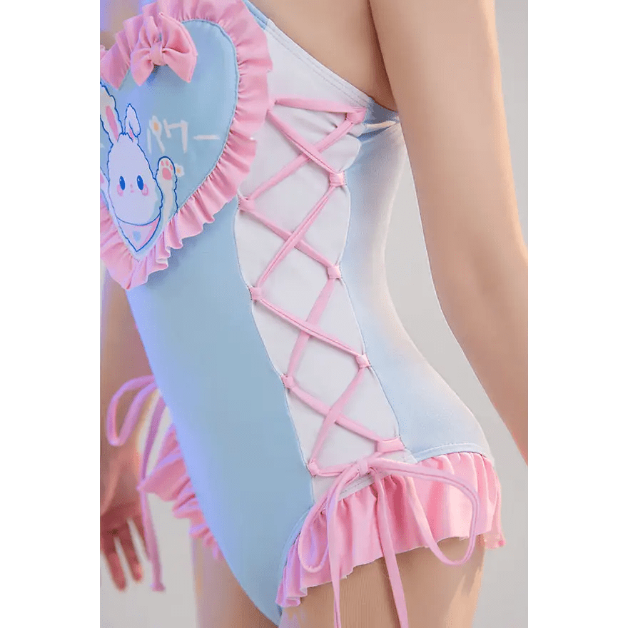 Happy Bunny High Quality Ruffled Adult Onesie Romper and Swimsuit - Cosparty