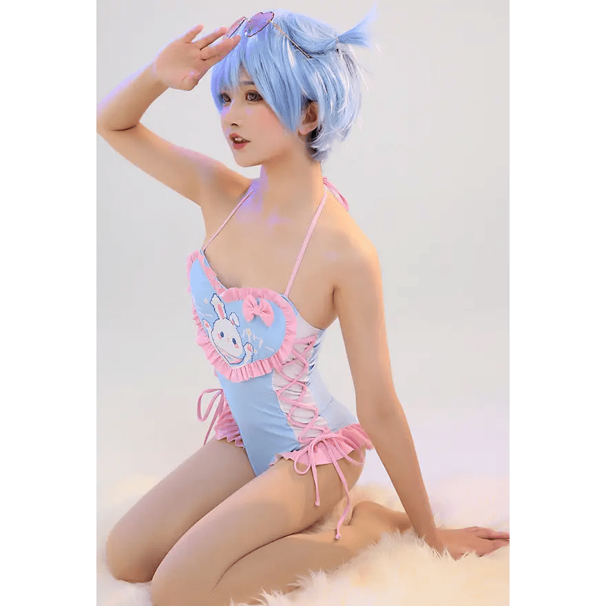 Happy Bunny High Quality Ruffled Adult Onesie Romper and Swimsuit - Cosparty