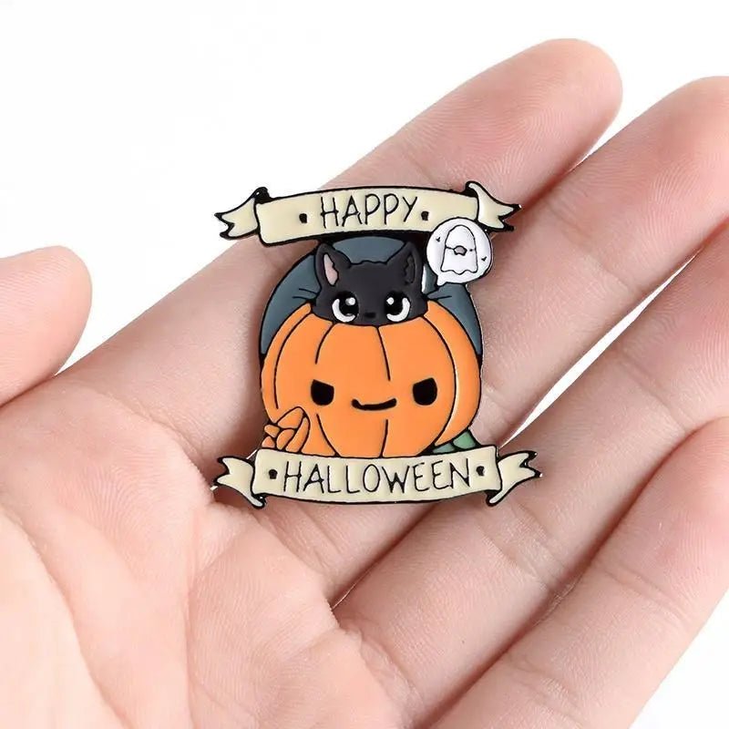 Happy Halloween Enamel Pin with Cute Black Cat and Jack - o - Lantern - Cosparty
