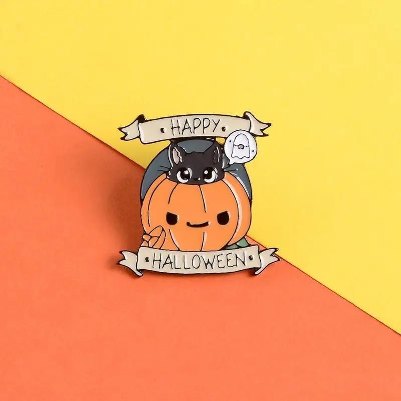 Happy Halloween Enamel Pin with Cute Black Cat and Jack - o - Lantern - Cosparty