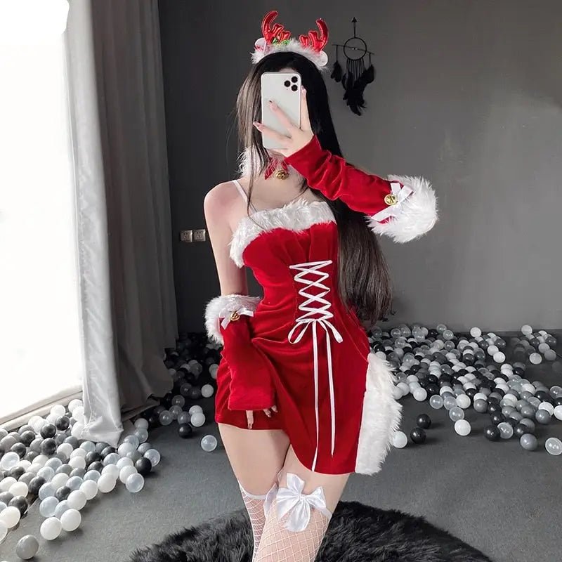 High Slit Santa Claus Inspired Dress with Antler Headband - Cosparty