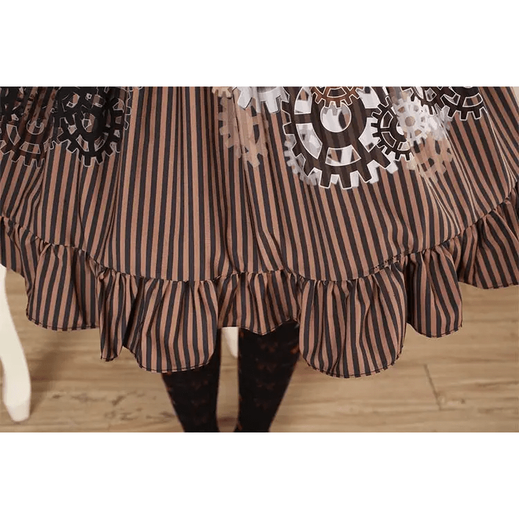 High - Waisted Steampunk Renaissance Skirt with Gear Print and Stripes - Cosparty