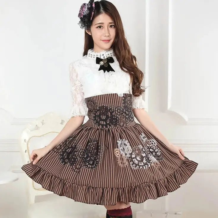High - Waisted Steampunk Renaissance Skirt with Gear Print and Stripes - Cosparty