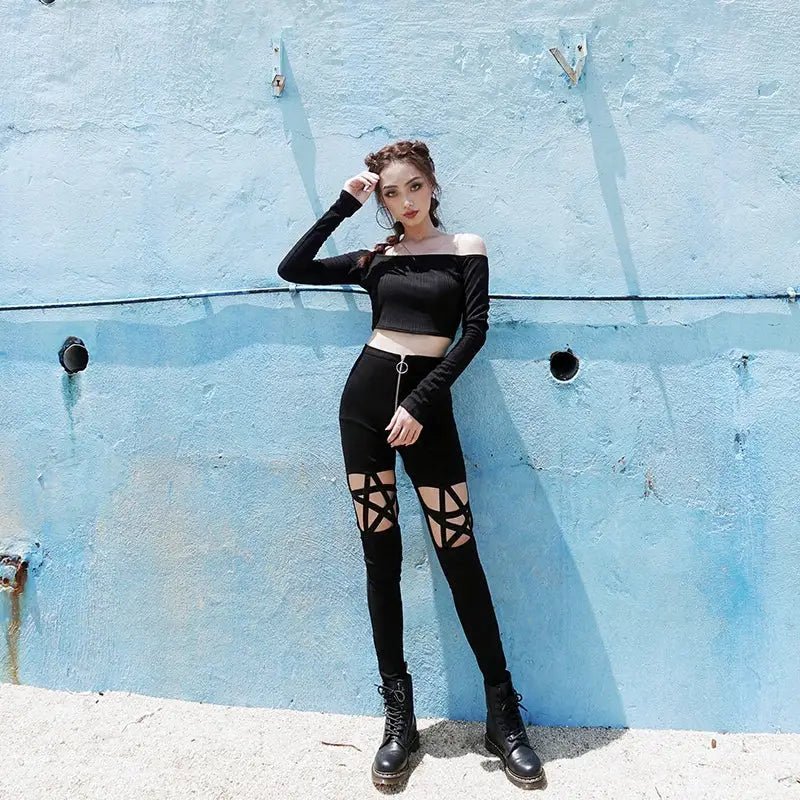 Hollow Cut - Out Pentagram Star Pants for Witchy Looks - Cosparty