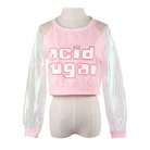 Holographic Acid Sugar Crop Top Sweater with Rainbow Sleeves - Cosparty