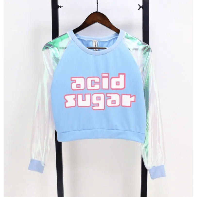 Holographic Acid Sugar Crop Top Sweater with Rainbow Sleeves - Cosparty