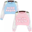Holographic Acid Sugar Crop Top Sweater with Rainbow Sleeves - Cosparty