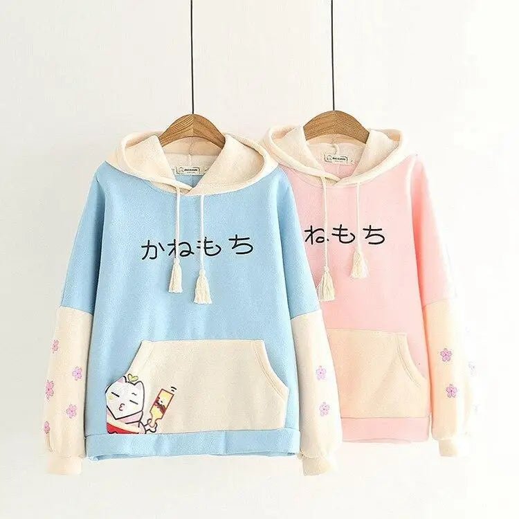 Japanese Inspired Painting Cat Artist Hoodie with Cherry Blossoms - Cosparty