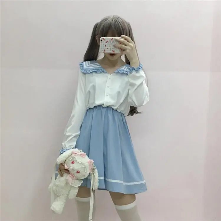 Japanese School Girl Dress with Sailor Collar and Flowing Skirt - Cosparty