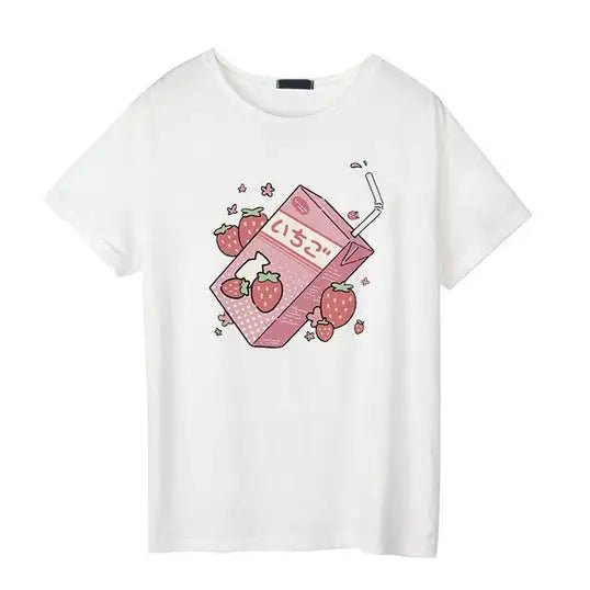 Japanese Strawberry Milk Kawaii T-Shirt in Soft Cotton - Cosparty