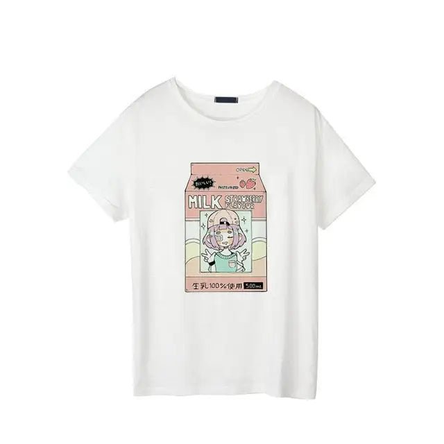 Japanese Strawberry Milk Kawaii T-Shirt in Soft Cotton - Cosparty
