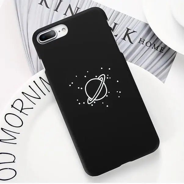 Jet Black Night Sky iPhone Cases with Solar System and Saturn Design - Cosparty