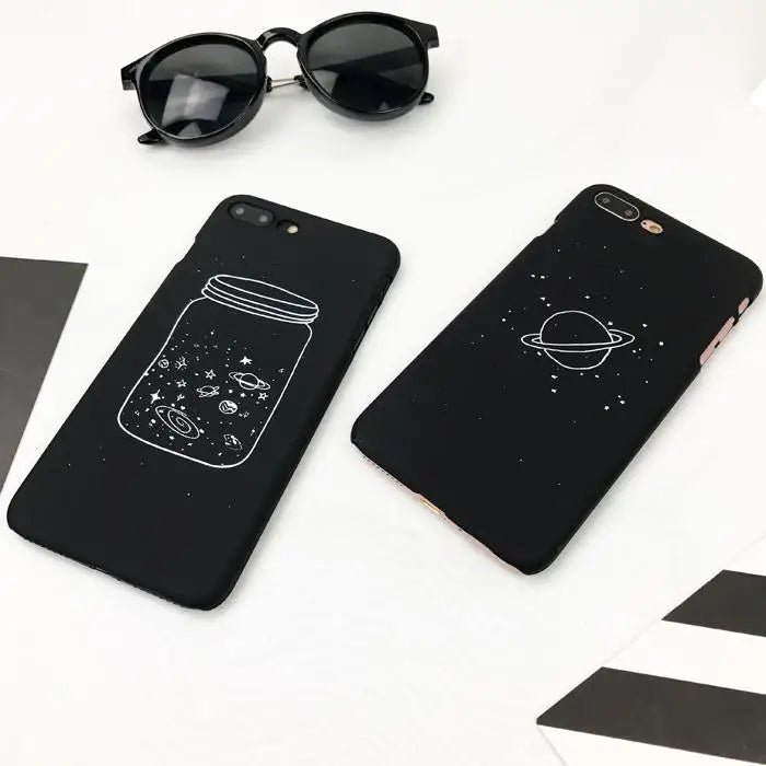 Jet Black Night Sky iPhone Cases with Solar System and Saturn Design - Cosparty