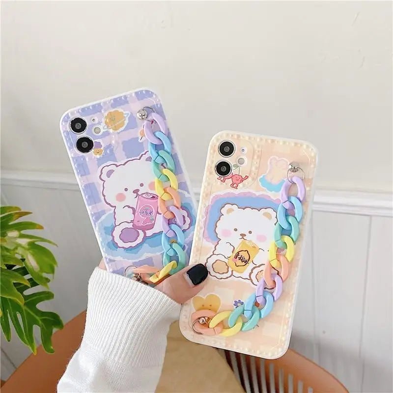 Kawaii Baby Bear iPhone Case with Pastel Rainbow Chain Strap - Cosparty