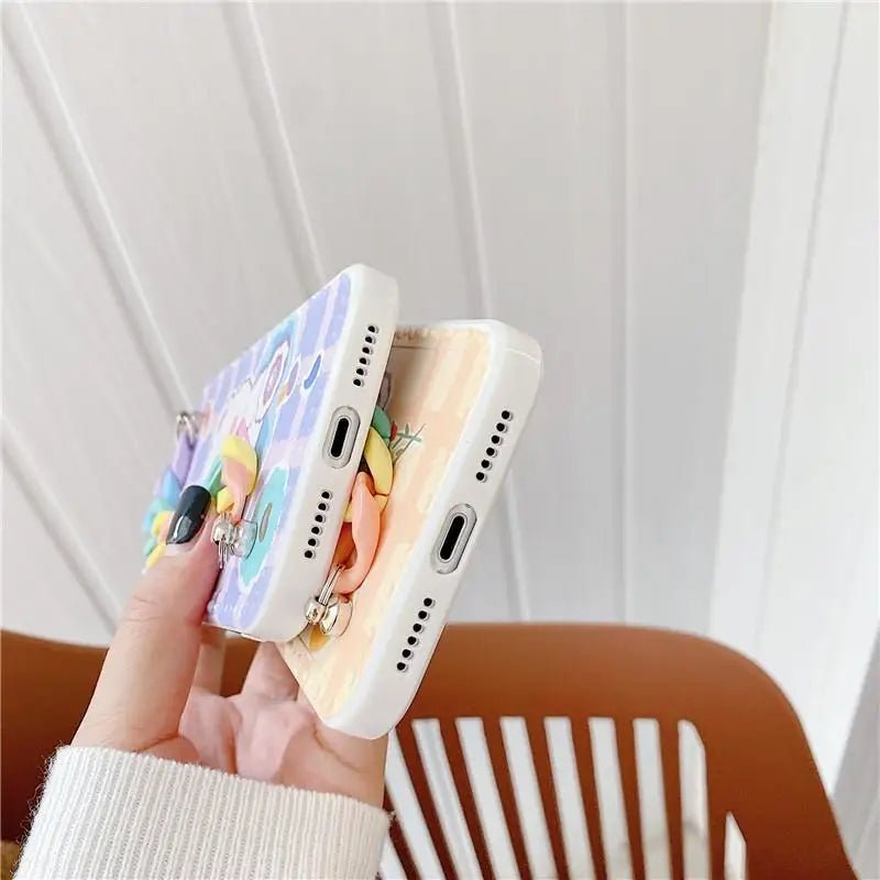 Kawaii Baby Bear iPhone Case with Pastel Rainbow Chain Strap - Cosparty