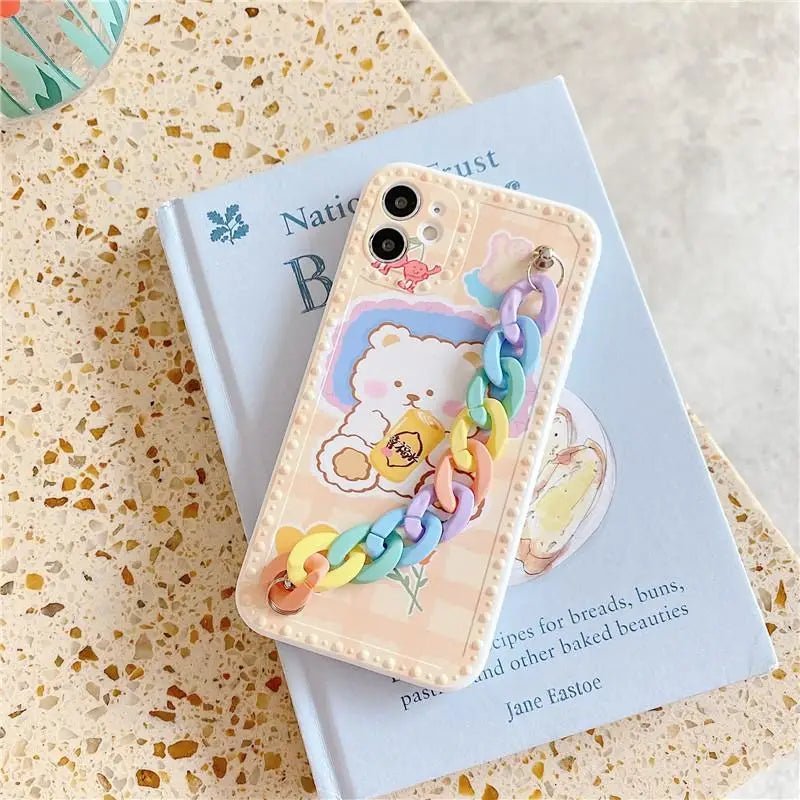 Kawaii Baby Bear iPhone Case with Pastel Rainbow Chain Strap - Cosparty