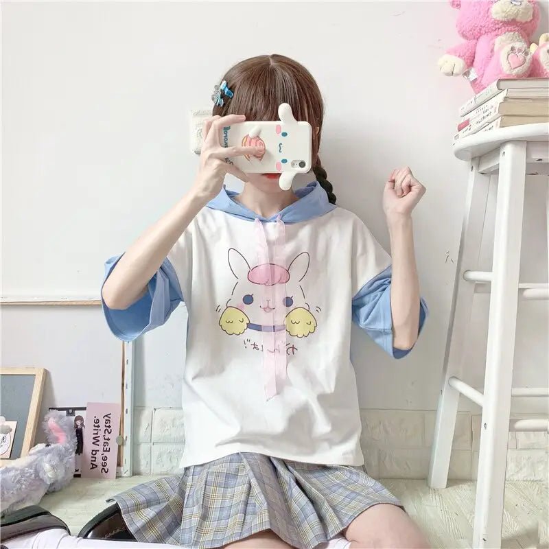 Kawaii Bunny Hooded Tee in Pastel Pink or Blue - Cosparty