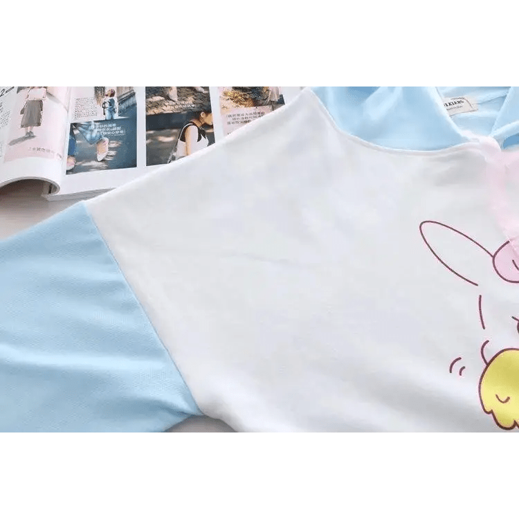 Kawaii Bunny Hooded Tee in Pastel Pink or Blue - Cosparty