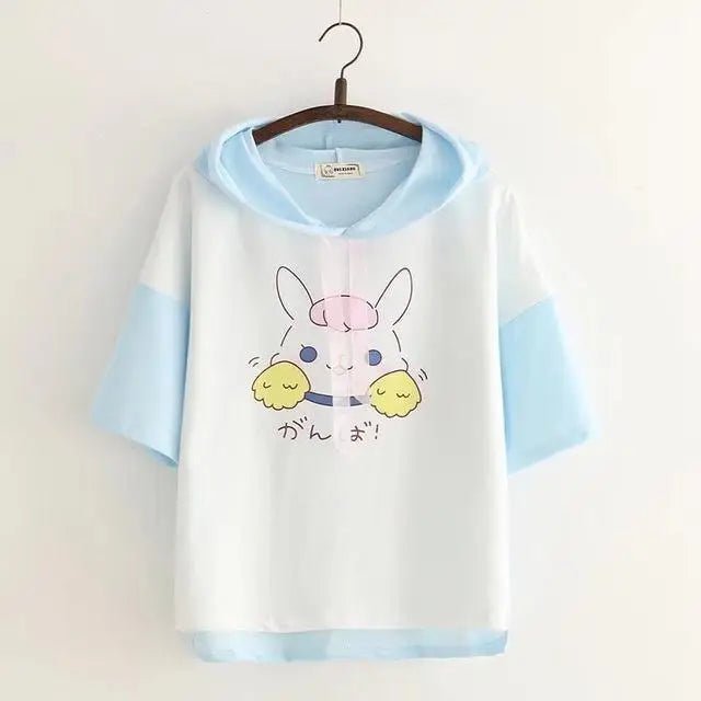 Kawaii Bunny Hooded Tee in Pastel Pink or Blue - Cosparty