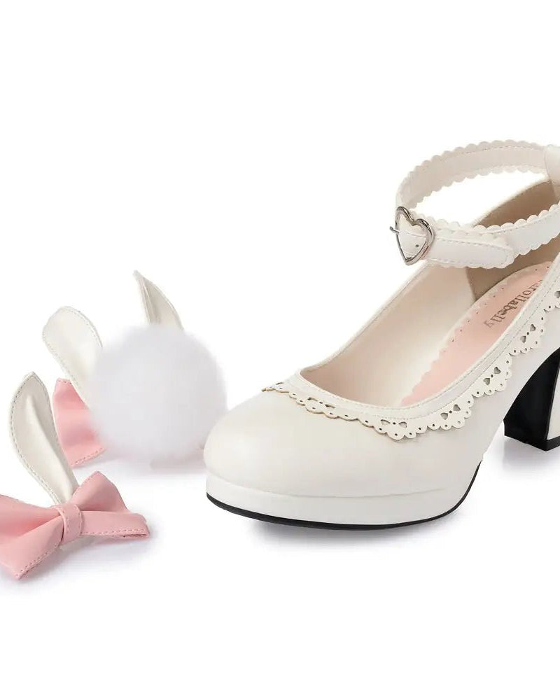 Kawaii Bunny Rabbit Ear High Heels with Removable Pom Poms - Cosparty