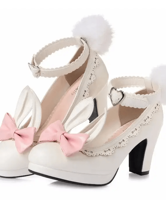 Kawaii Bunny Rabbit Ear High Heels with Removable Pom Poms - Cosparty