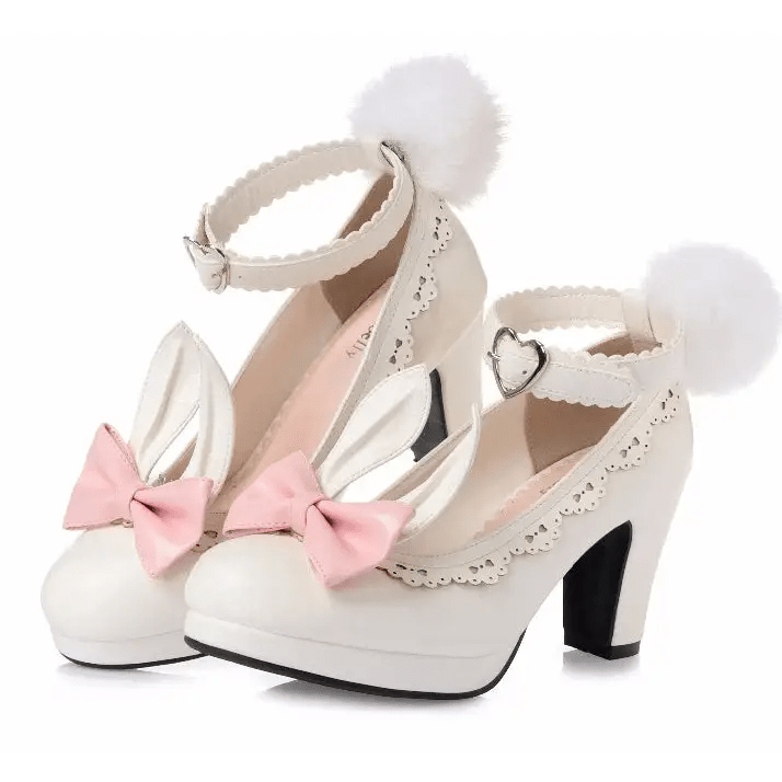 Kawaii Bunny Rabbit Ear High Heels with Removable Pom Poms - Cosparty
