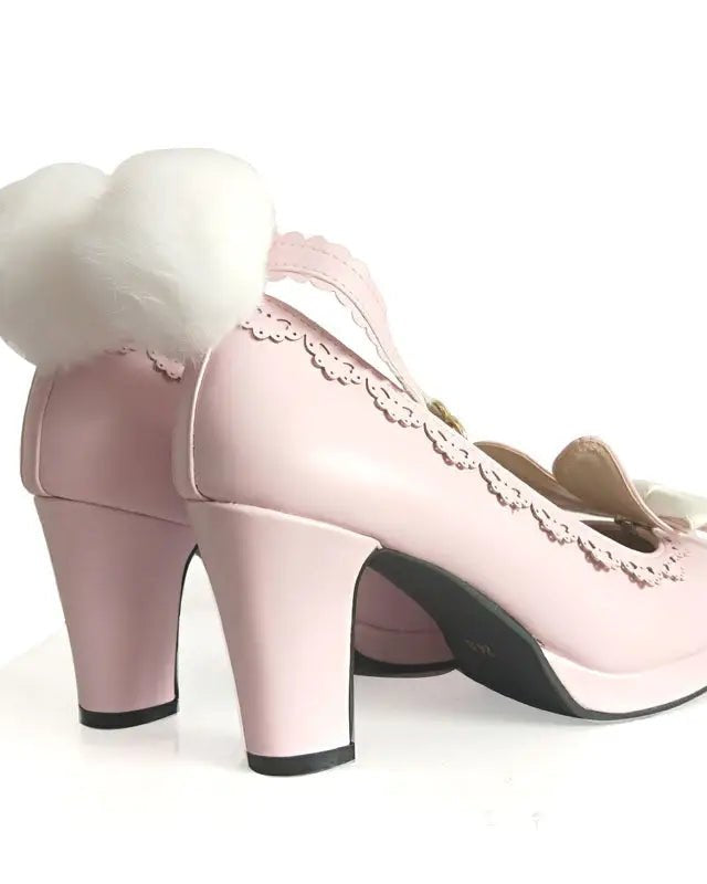 Kawaii Bunny Rabbit Ear High Heels with Removable Pom Poms - Cosparty