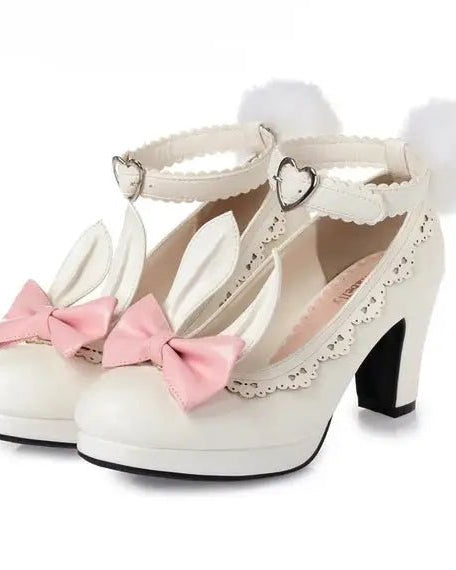 Kawaii Bunny Rabbit Ear High Heels with Removable Pom Poms - Cosparty