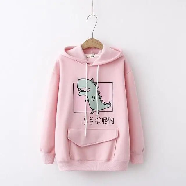 Kawaii Dinosaur Hoodie in Pastel Colors with Cute Japanese Writing - Cosparty