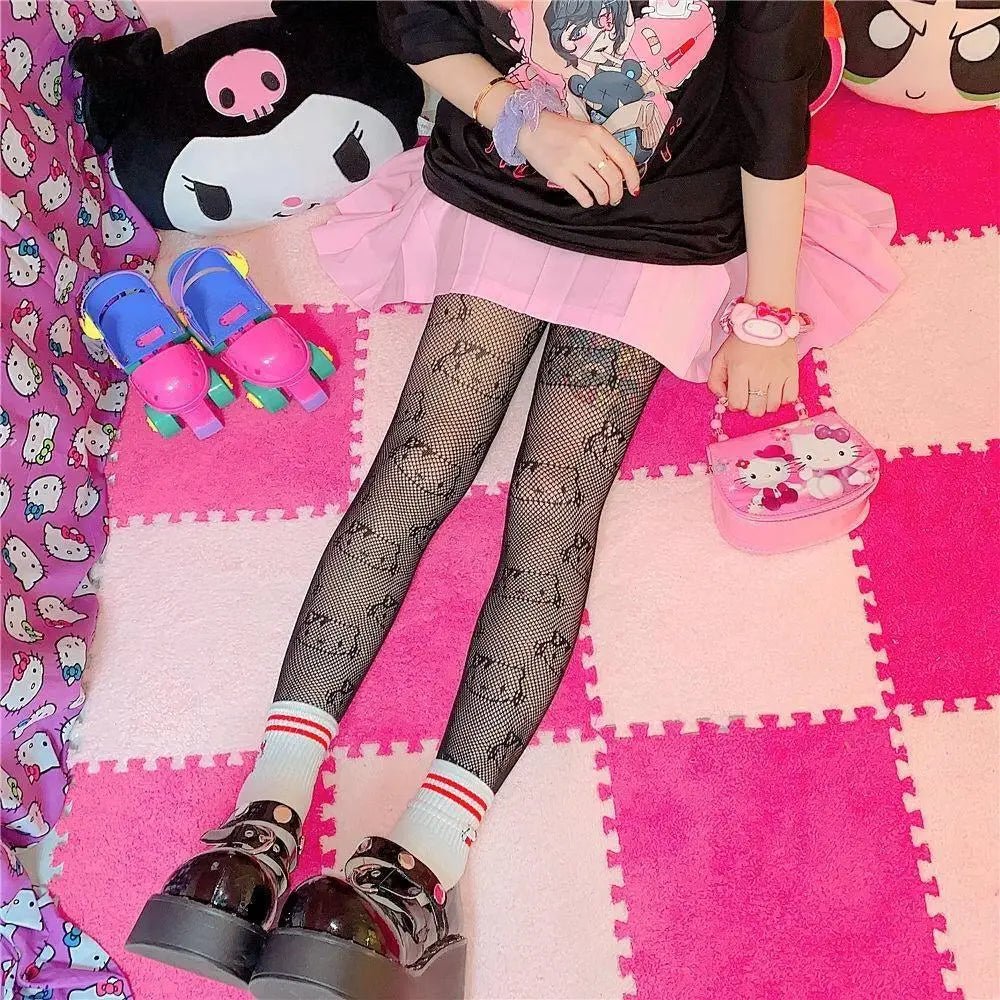 Kawaii Hello Kitty Printed Fishnet Tights for Cospartys and Gothic Style - Cosparty
