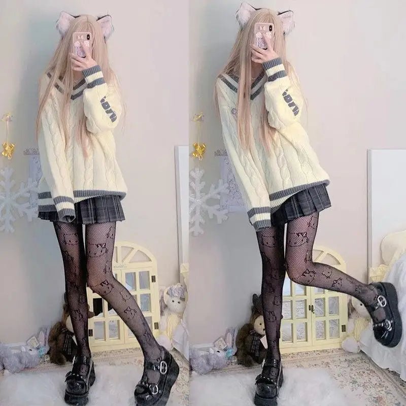 Kawaii Hello Kitty Printed Fishnet Tights for Cospartys and Gothic Style - Cosparty