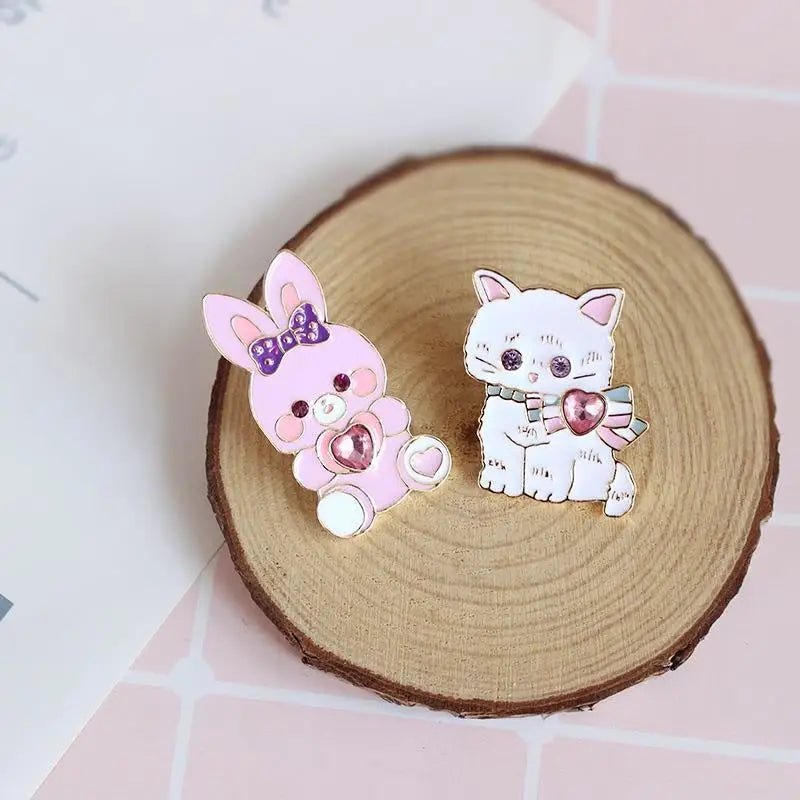 Kawaii Jewel - Embellished Kitten and Bunny Enamel Pins - Cosparty